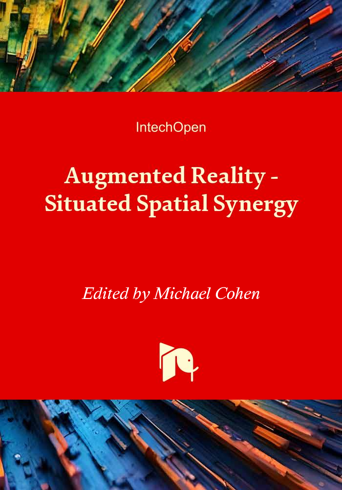 Cover of 'Augmented Reality — Situated Spatial Synergy' edited by Michael Cohen (IntechOpen, 2026): a red central panel with the title in white serif type and the IntechOpen logo, bordered top and bottom by abstract orange/green/blue painted-brushstroke photography.