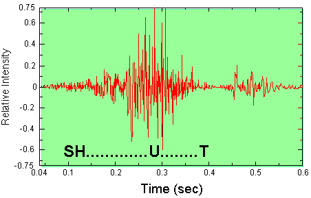 Waveform plot of the spoken word shut showing aperiodic and periodic components