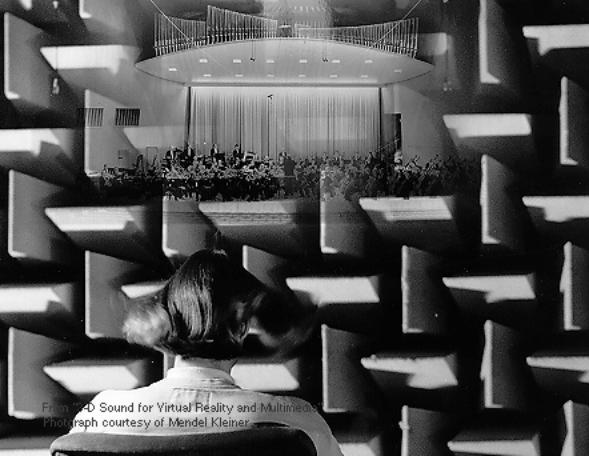 A listener in an anechoic chamber experiencing a virtual concert hall