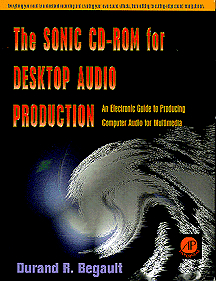 The original 1996 Sonic CD-ROM packaging: a book-style sleeve with the title 'The SONIC CD-ROM for DESKTOP AUDIO PRODUCTION', the Academic Press AP logo, and Durand R. Begault credited as author, over the wireframe sound-pressure splash-screen background.